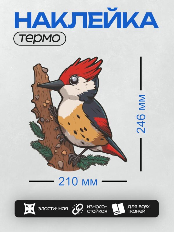 Термонаклейка на одежду DTF / Мультяшный дятел с красным хохолком на ветке.