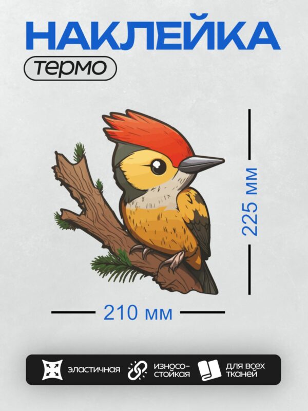 Термонаклейка на одежду DTF / Мультяшный дятел с красной шапочкой на ветке.