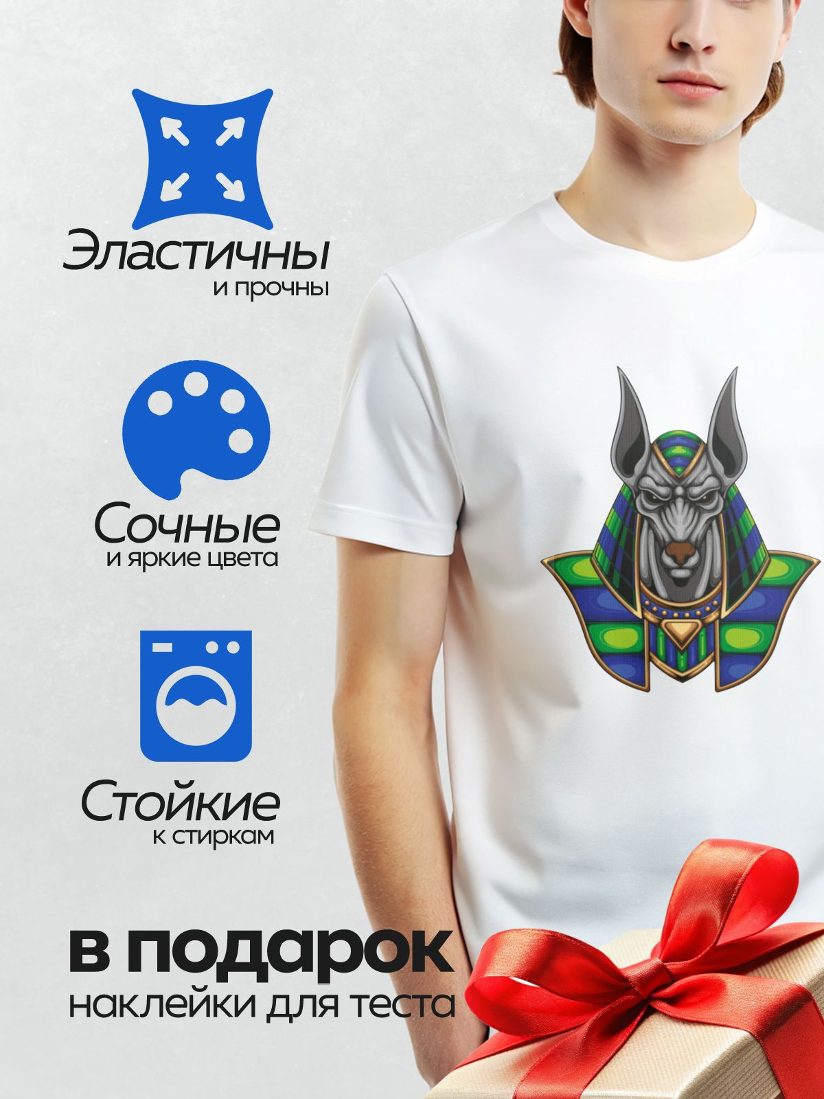 Термонаклейка на одежду DTF / Анубис в египетском стиле с яркими цветами.