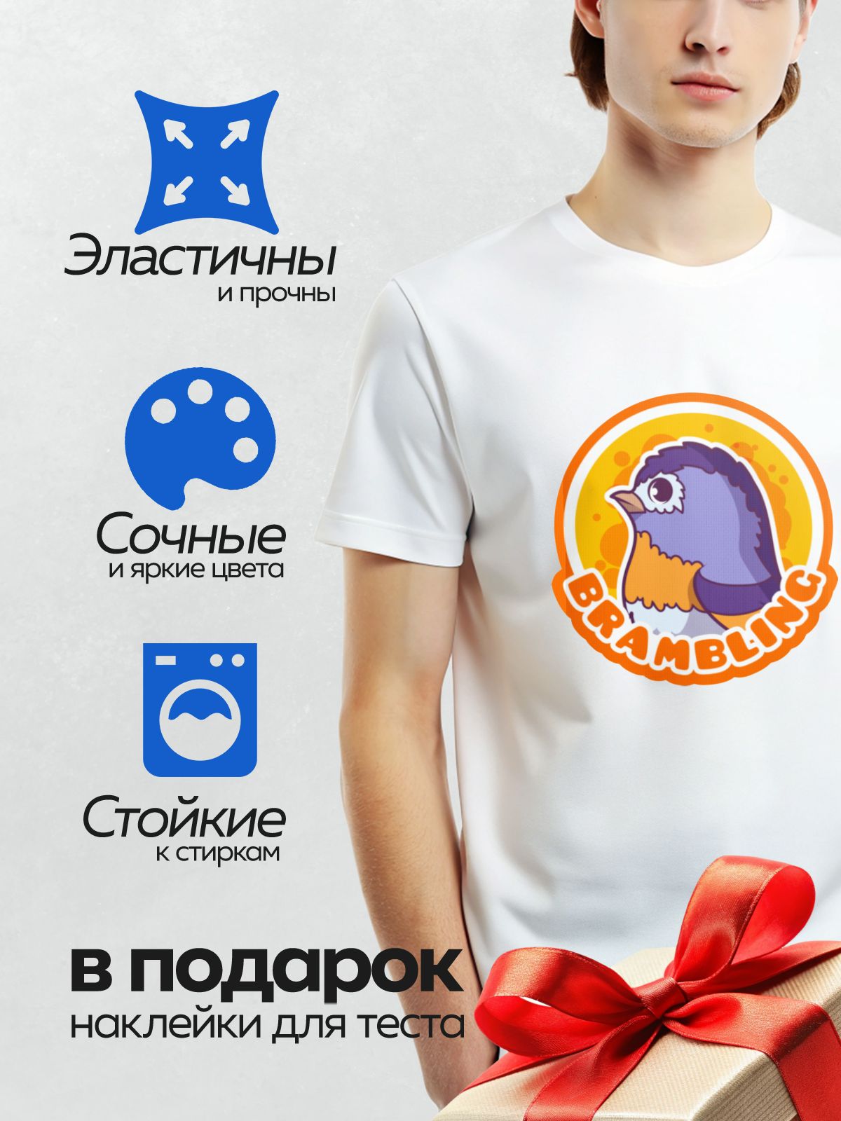 Термонаклейка на одежду DTF / Мультяшная птица с надписью "Parabird" на оранжевом фоне.