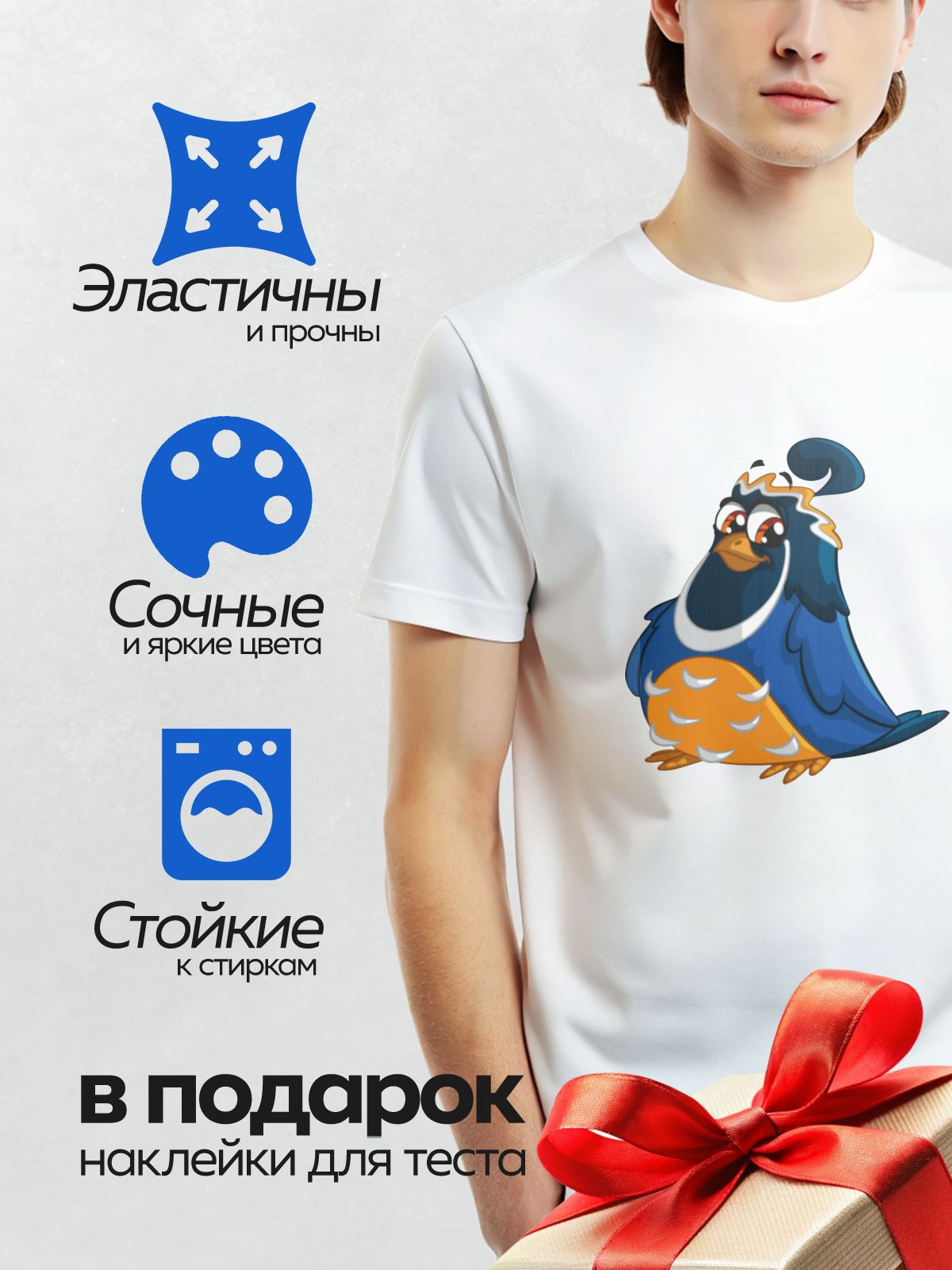 Термонаклейка на одежду DTF / Мультяшный голубь с большими глазами и ярким оперением.