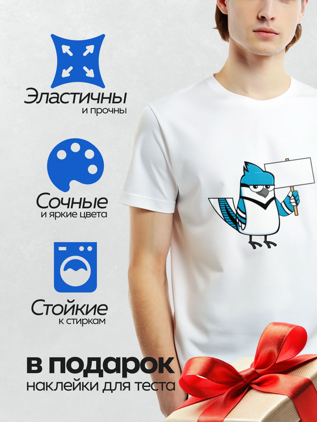 Термонаклейка на одежду DTF / Мультяшная голубая сойка с табличкой в лапе.