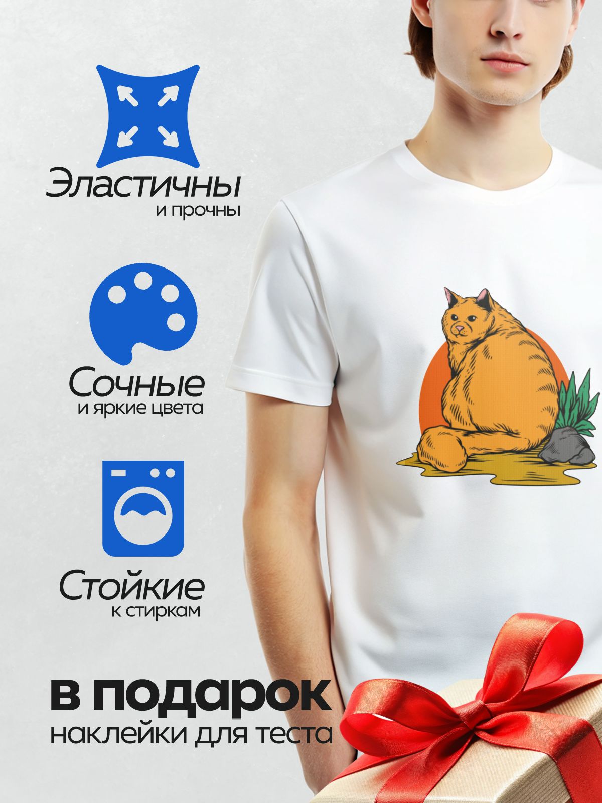 Термонаклейка на одежду DTF / Рыжий кот сидит на фоне заката и камней.