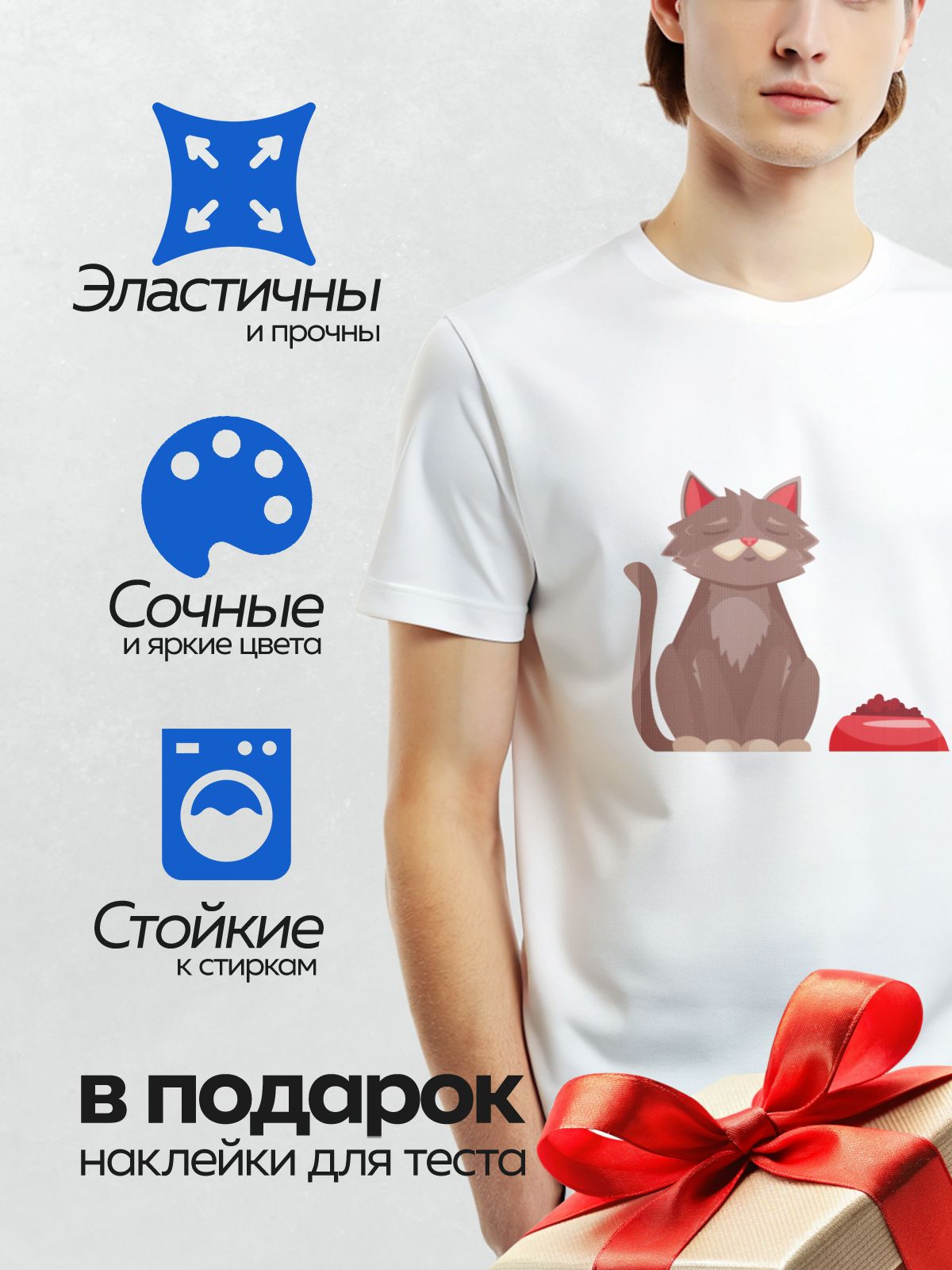 Термонаклейка на одежду DTF / Серый кот с закрытыми глазами и миска с едой.