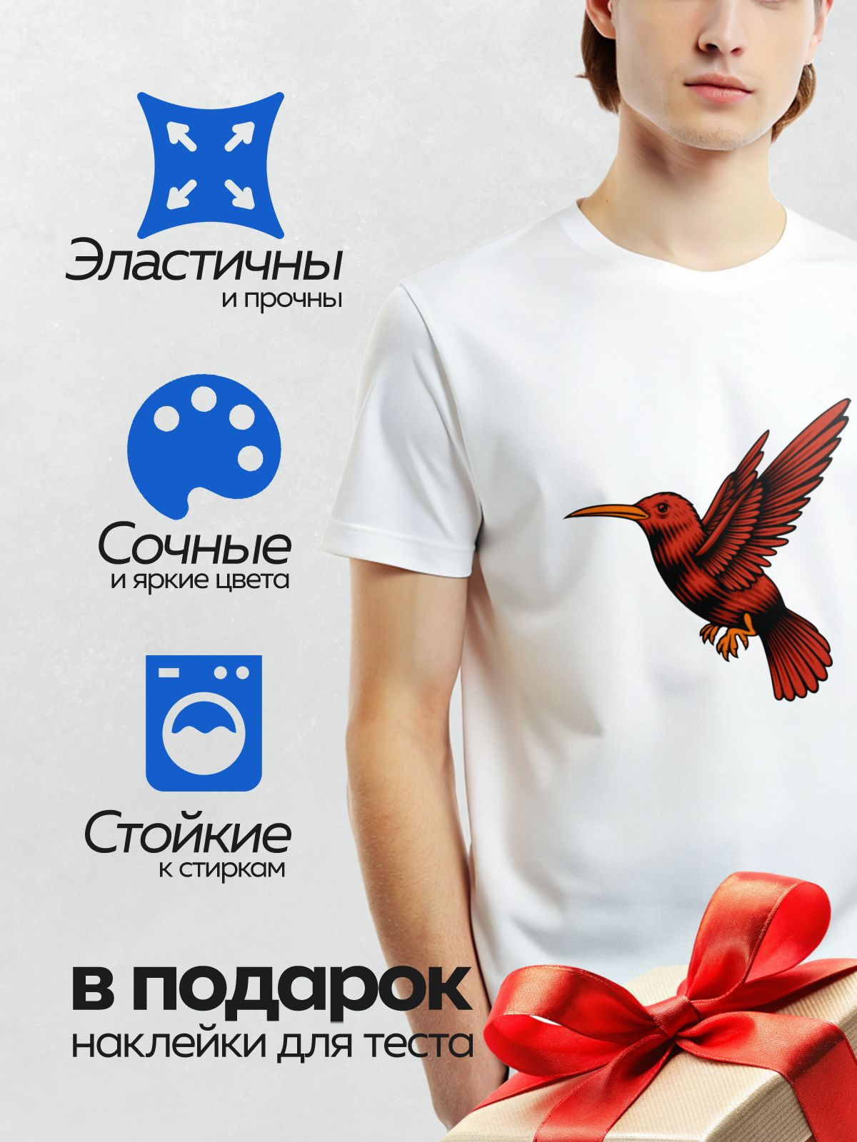 Термонаклейка на одежду DTF / Красная колибри с длинным клювом на белом фоне.