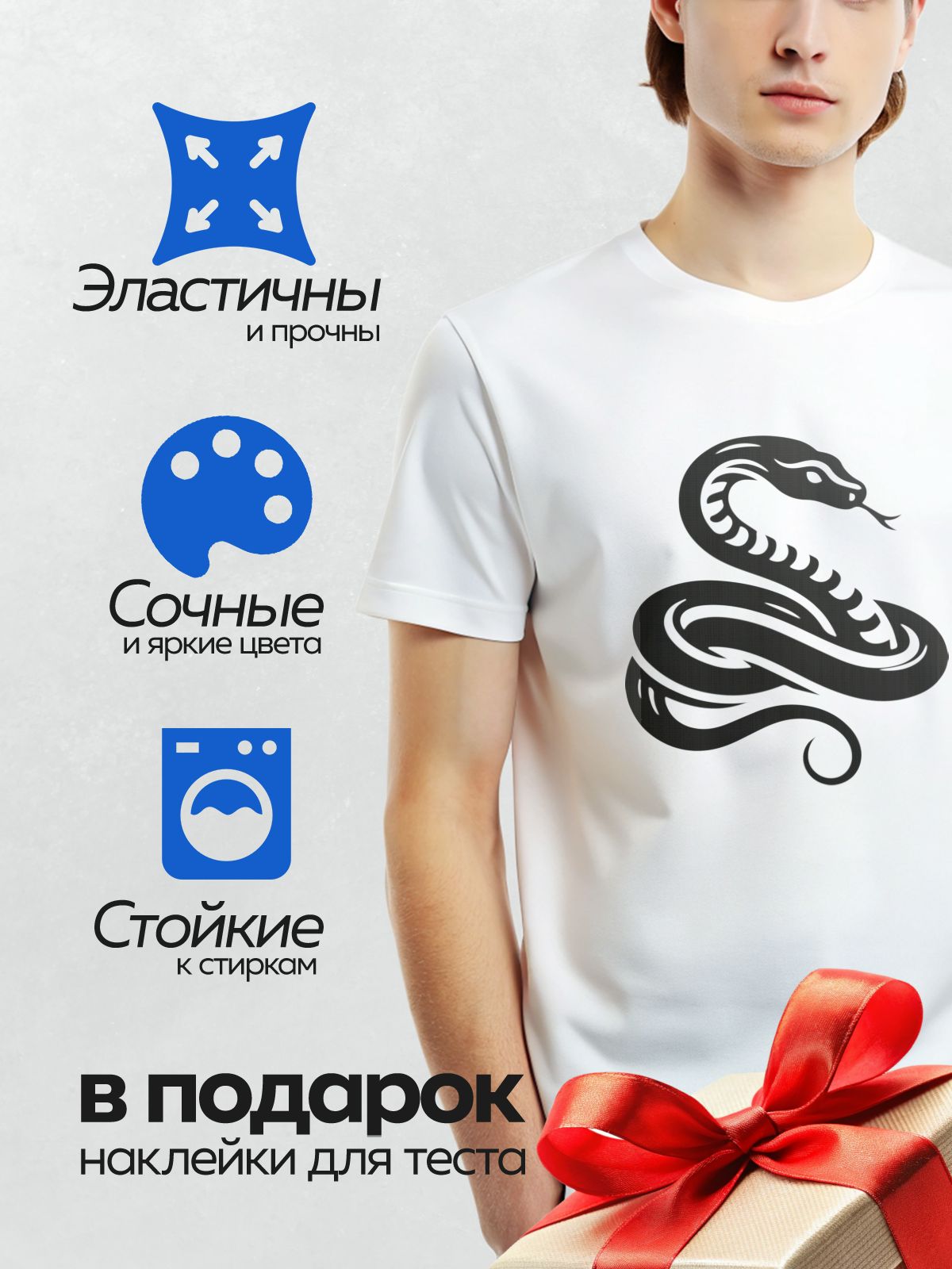 Термонаклейка на одежду DTF / Черно-белая змея в минималистичном стиле.