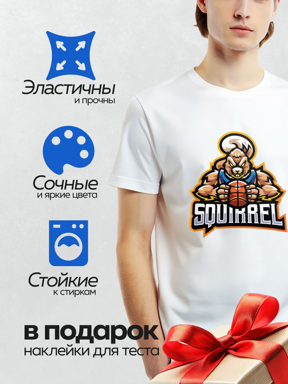 Термонаклейка на одежду DTF / Мускулистая белка с баскетбольным мячом и надписью "SQUIRREL".