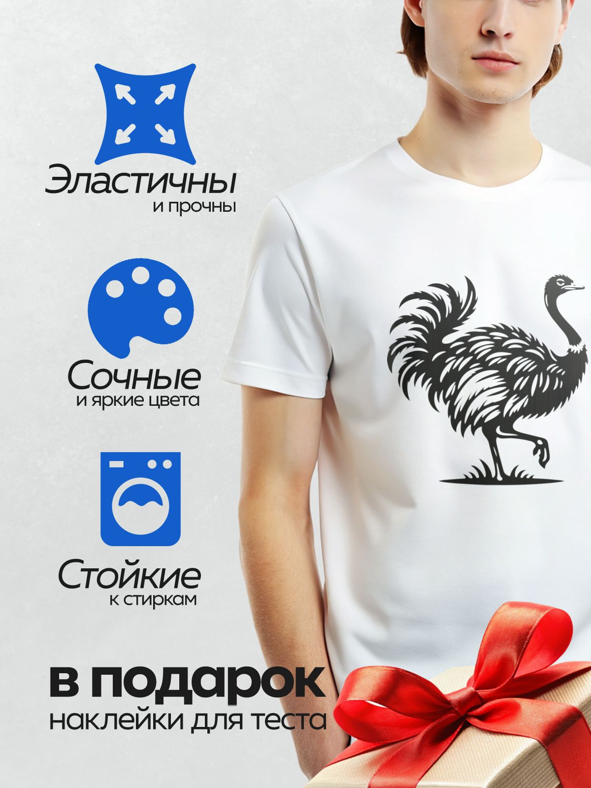 Термонаклейка на одежду DTF / Черный страус в движении на белом фоне.