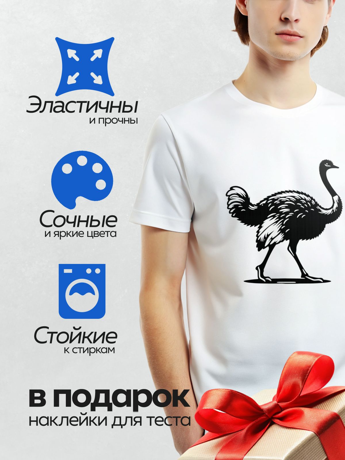 Термонаклейка на одежду DTF / Силуэт страуса на белом фоне.