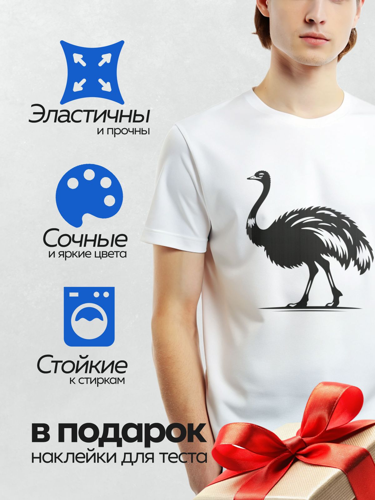 Термонаклейка на одежду DTF / Чёрный силуэт страуса на белом фоне.