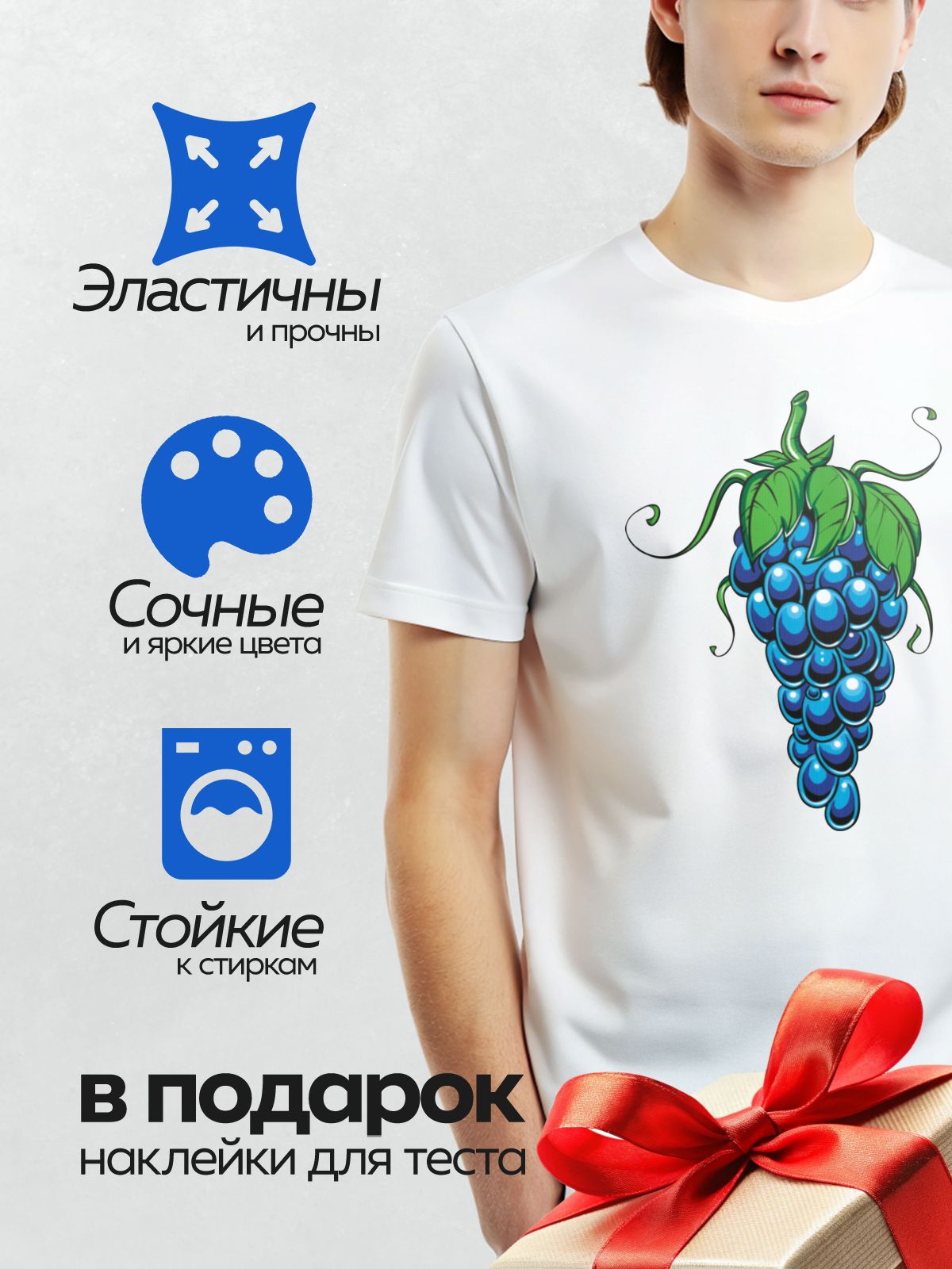 Термонаклейка на одежду DTF / Гроздь синего винограда с листьями и усиками.