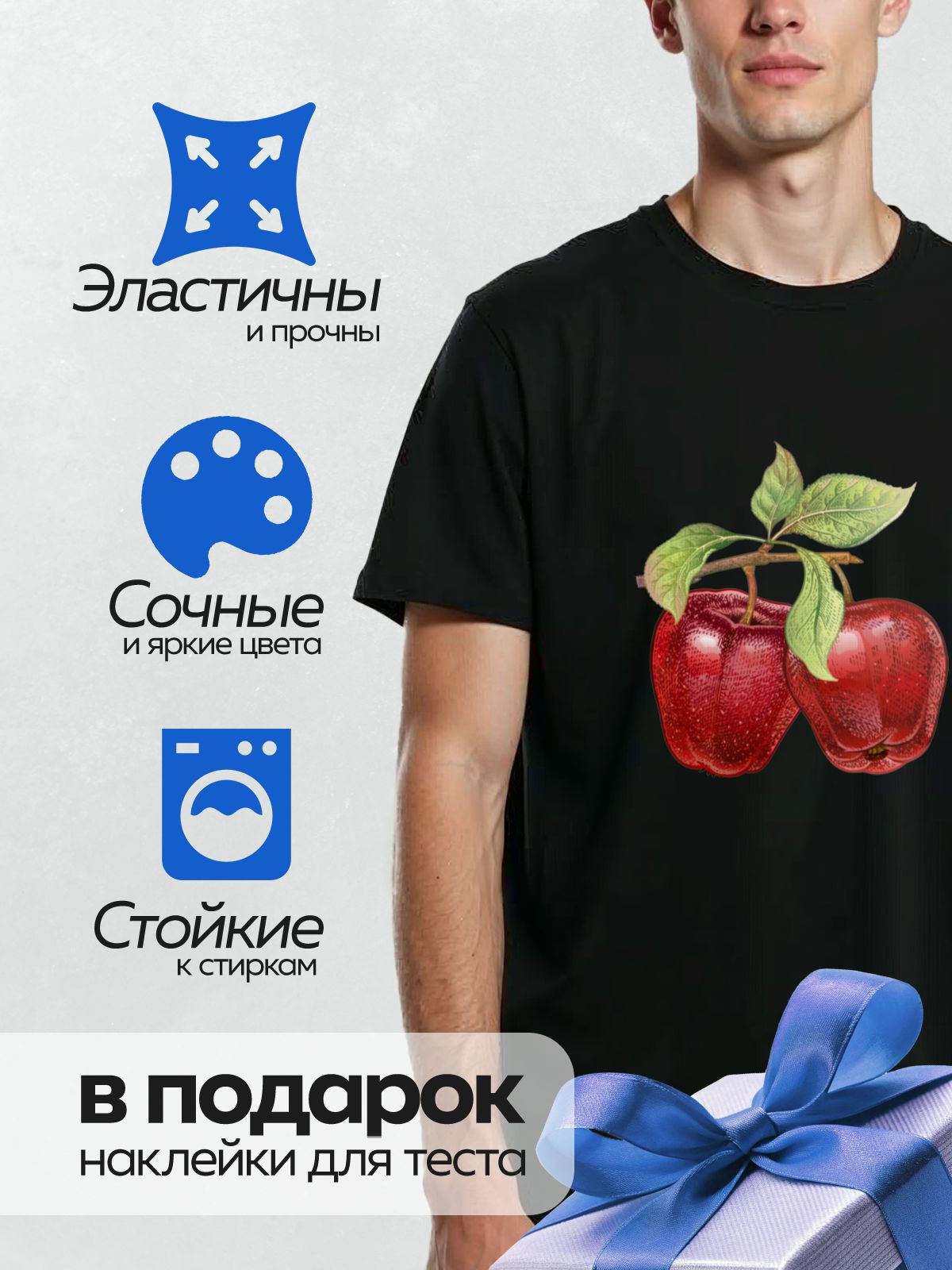 Термонаклейка на одежду DTF / Два красных яблока с зелёными листьями на ветке.