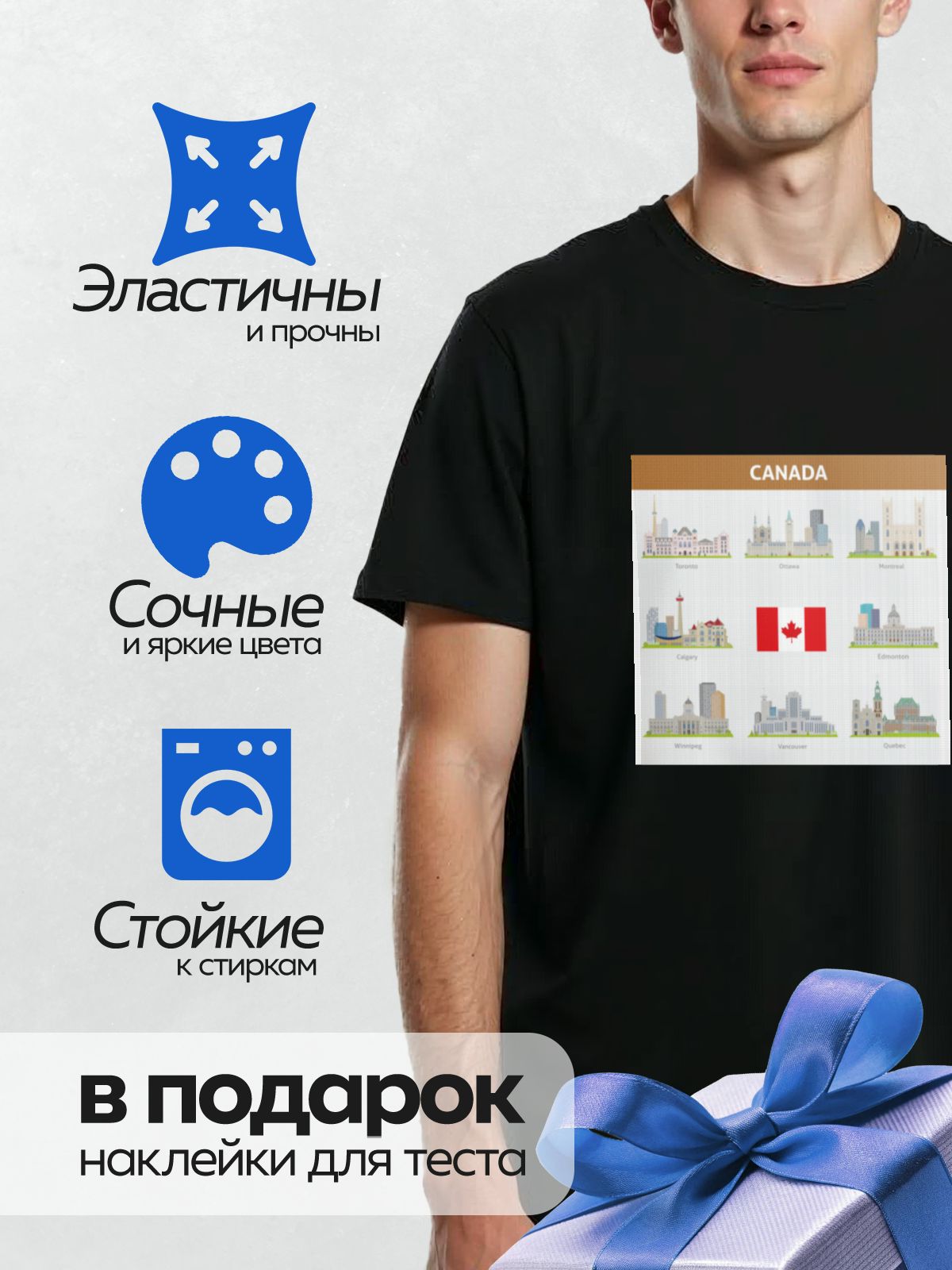 Термонаклейка на одежду DTF / Города Канады с их достопримечательностями и флаг страны.