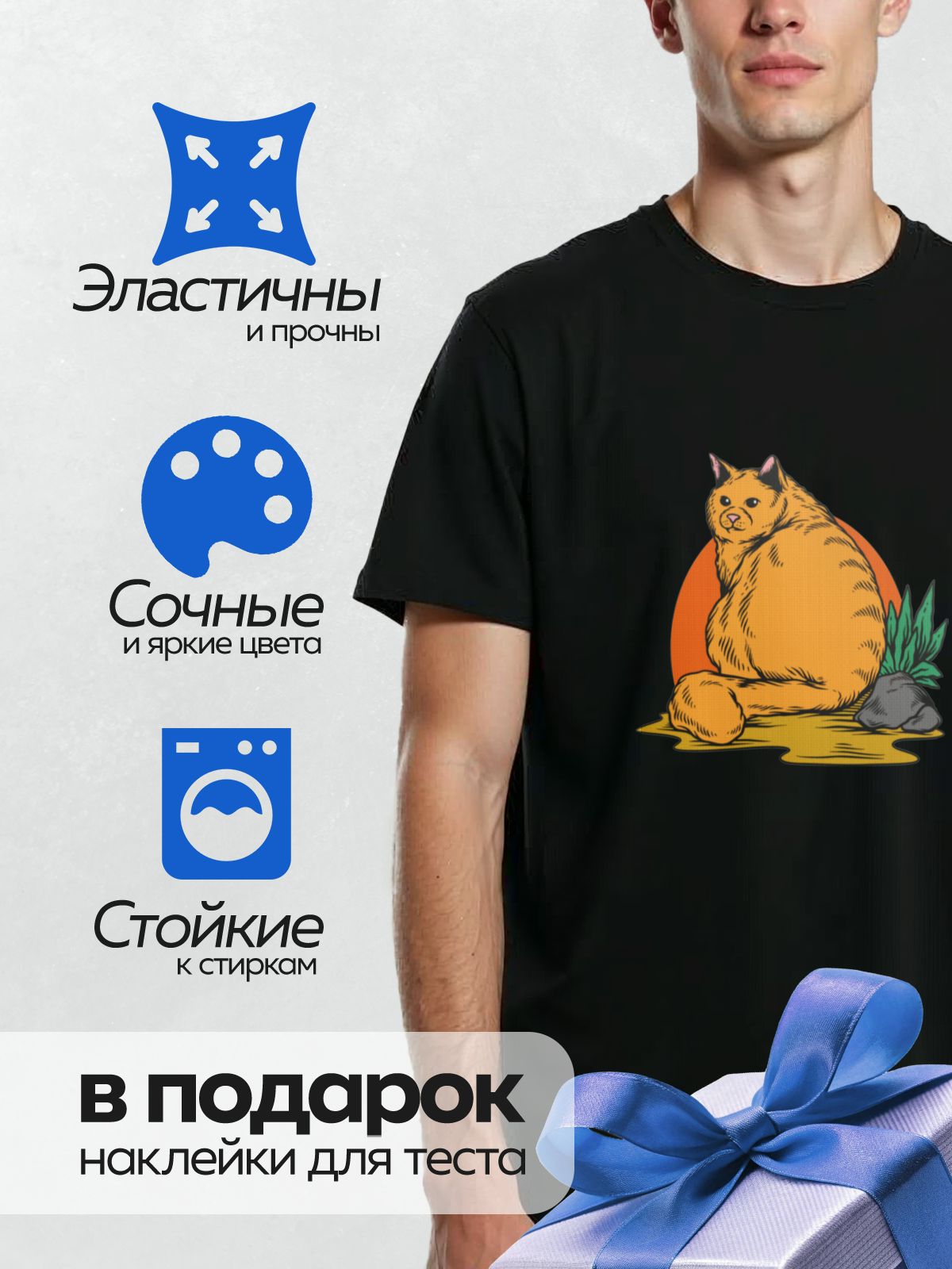 Термонаклейка на одежду DTF / Рыжий кот сидит на фоне заката и камней.