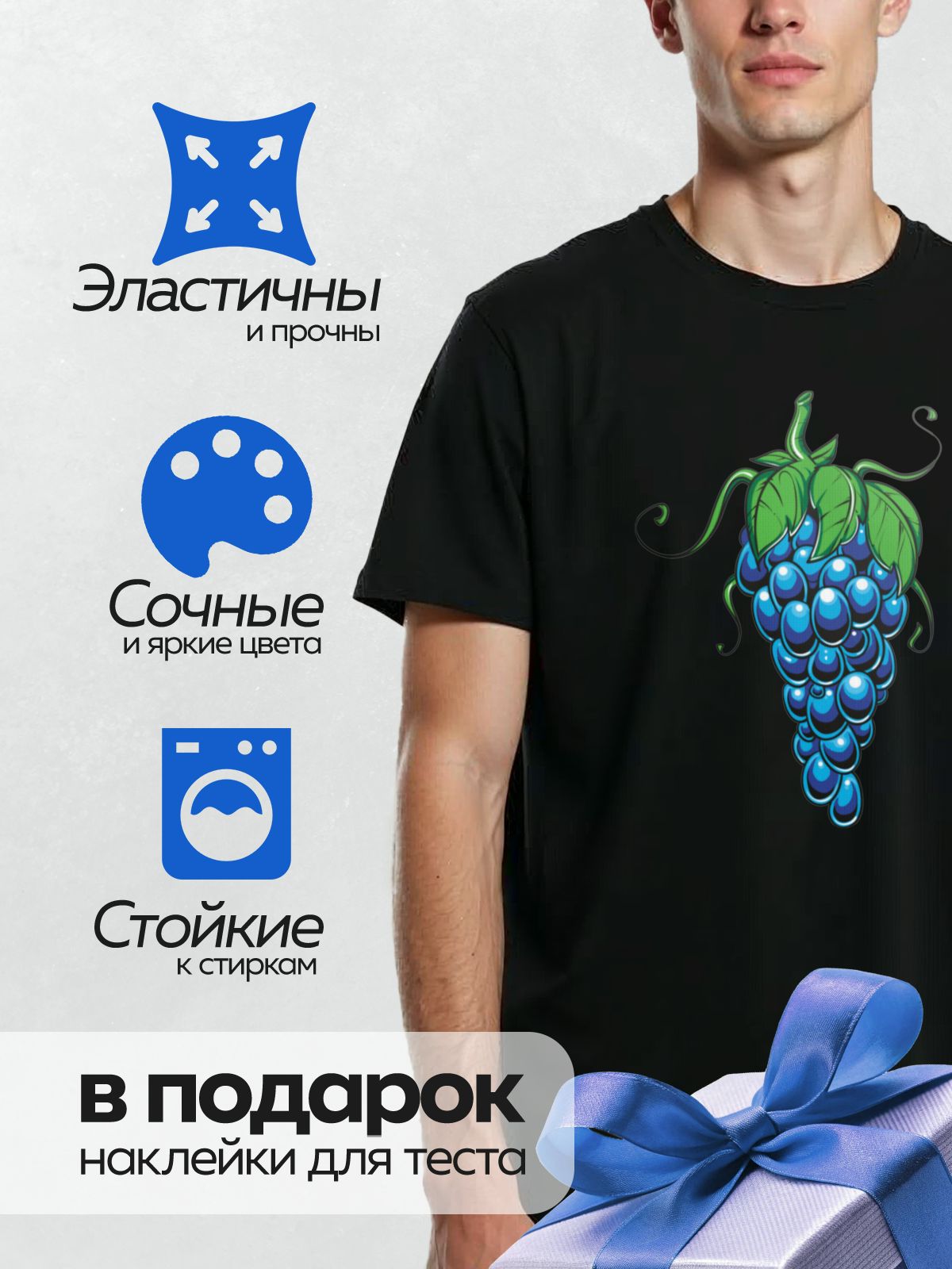 Термонаклейка на одежду DTF / Гроздь синего винограда с листьями и усиками.